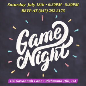 Promotional graphic reading "Game Night" along with the date, location and RSVP info for the event