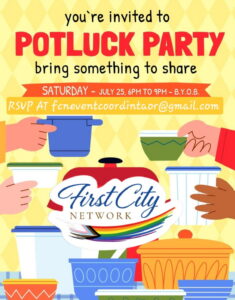 Colorful graphic invitation to a potluck event showing various hands, serving containers and the FCN logo