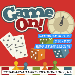 Invitation to game night with large type saying "Game On!" with information on the event and die and game pieces