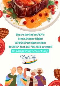 Colorful invitation to steak dinner night with graphics of steak at the top and two same sex couples at the bottom